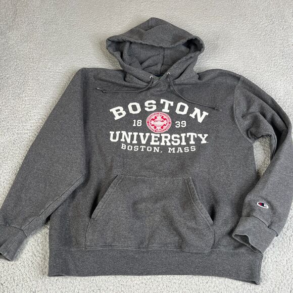 Boston University Champion Hoodie Sweatshirt Mens Medium Gray Pullover Spellout - Picture 1 of 10